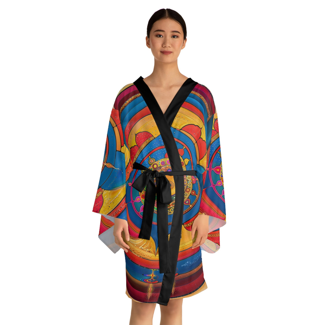 Vibrant Cosmic Spiral - Long Sleeve Kimono Robe - All Over Prints - g(0D·IO) - XS - Black -