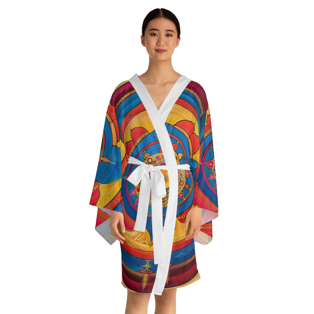 Vibrant Cosmic Spiral - Long Sleeve Kimono Robe - All Over Prints - g(0D·IO) - XS - Black -