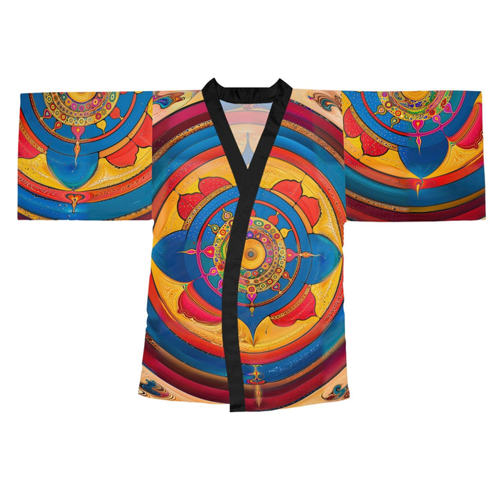 Vibrant Cosmic Spiral - Long Sleeve Kimono Robe - All Over Prints - g(0D·IO) - XS - Black -