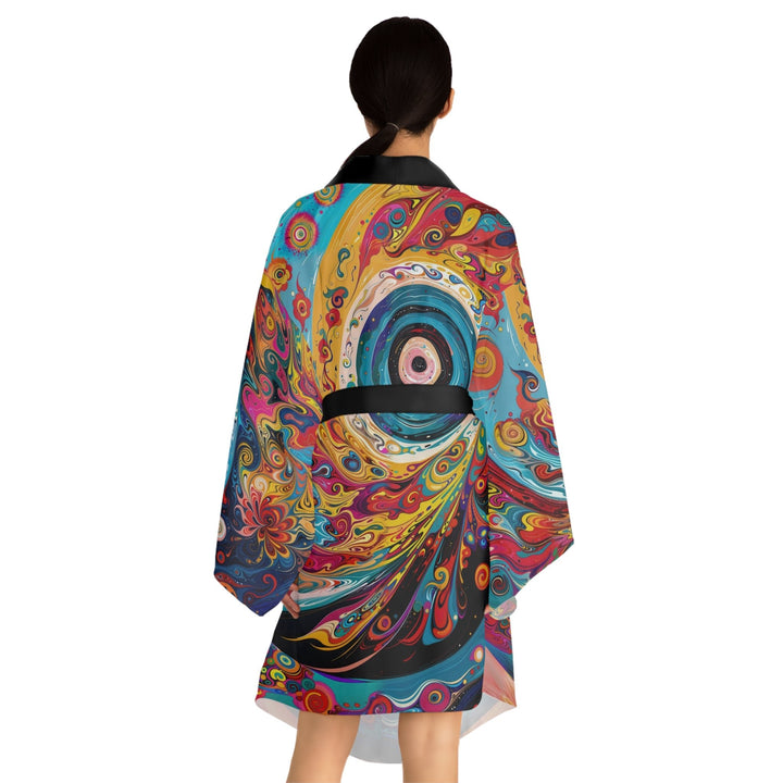 Vibrant Cosmic Swirl - Long Sleeve Kimono Robe - All Over Prints - g(0D·IO) - XS - Black -