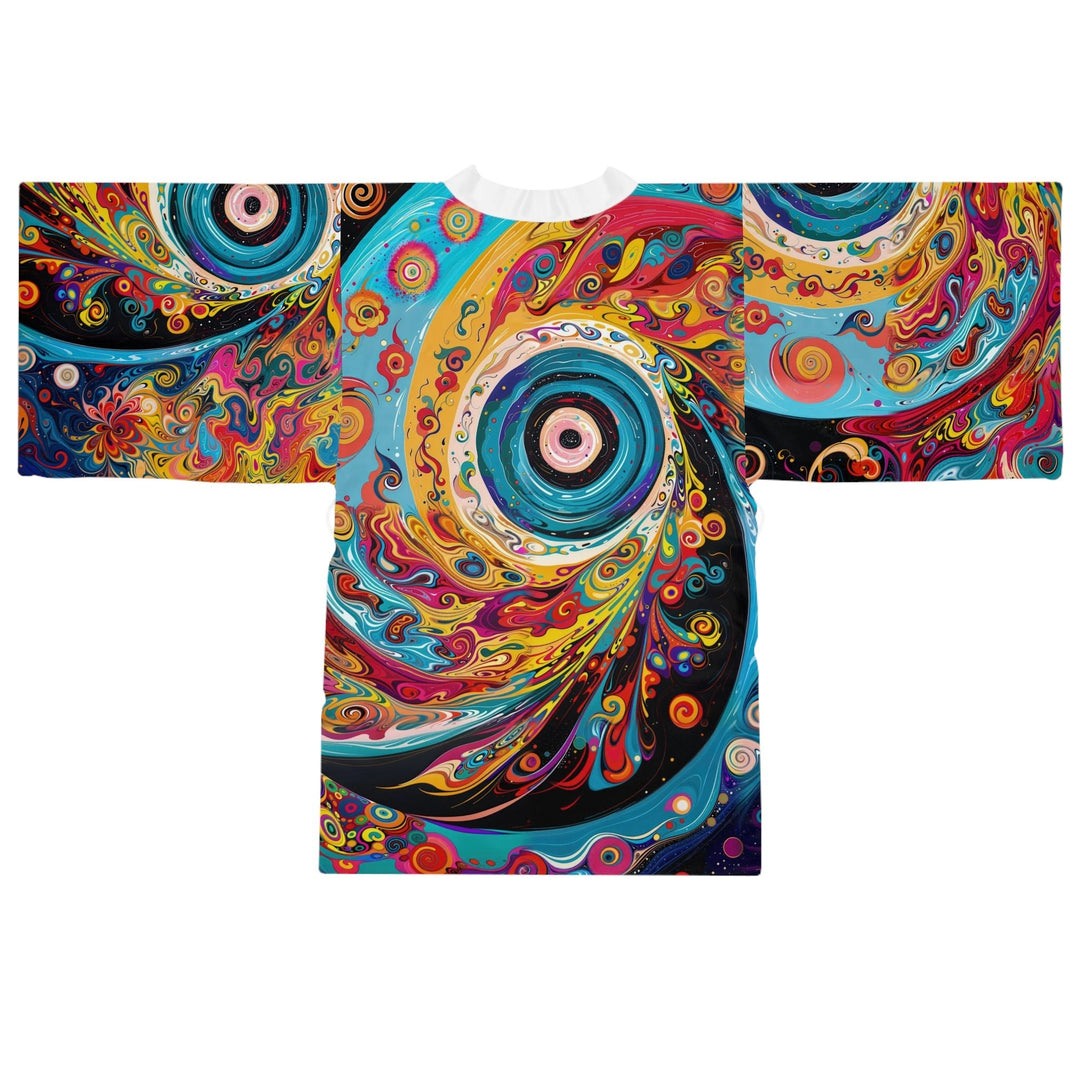 Vibrant Cosmic Swirl - Long Sleeve Kimono Robe - All Over Prints - g(0D·IO) - XS - Black -