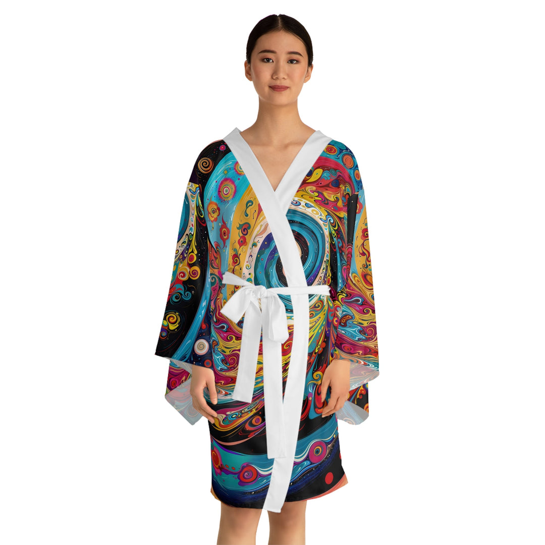 Vibrant Cosmic Swirl - Long Sleeve Kimono Robe - All Over Prints - g(0D·IO) - XS - Black -