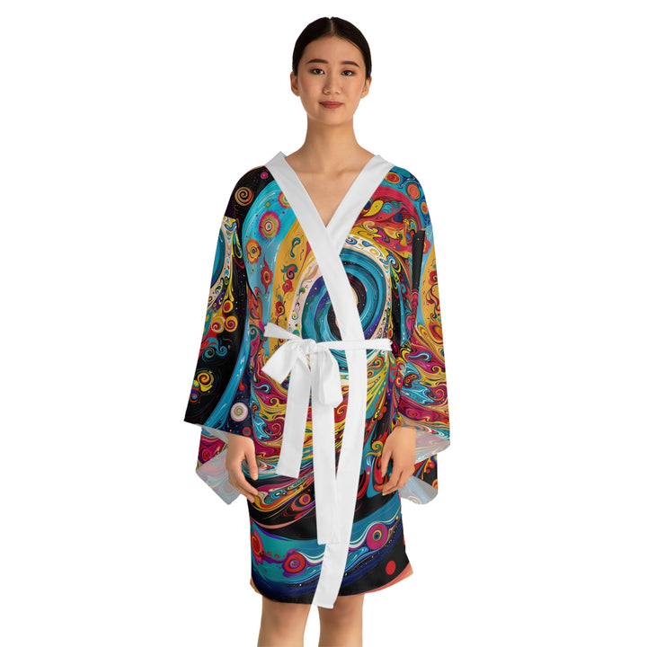 Vibrant Cosmic Swirl - Long Sleeve Kimono Robe - All Over Prints - g(0D·IO) - XS - Black -