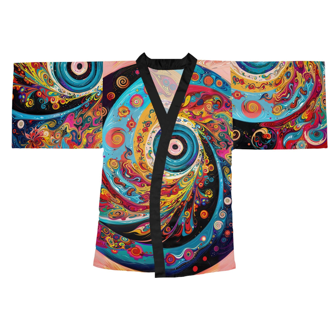 Vibrant Cosmic Swirl - Long Sleeve Kimono Robe - All Over Prints - g(0D·IO) - XS - Black -