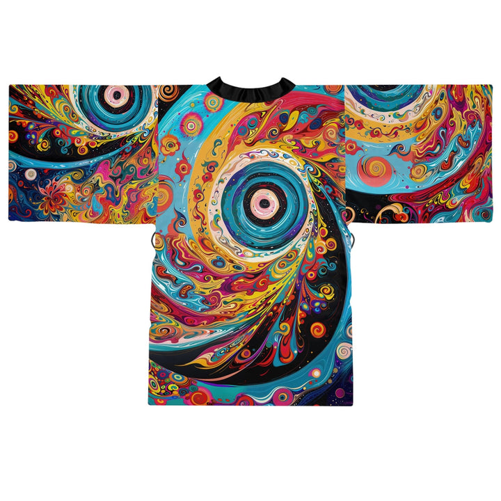 Vibrant Cosmic Swirl - Long Sleeve Kimono Robe - All Over Prints - g(0D·IO) - XS - Black -