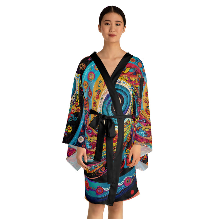 Vibrant Cosmic Swirl - Long Sleeve Kimono Robe - All Over Prints - g(0D·IO) - XS - Black -