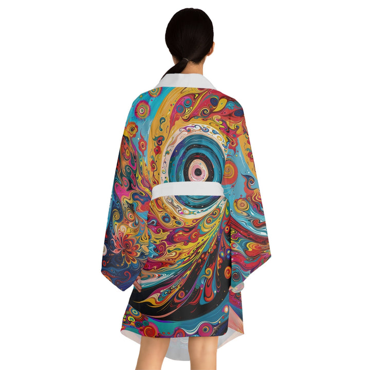 Vibrant Cosmic Swirl - Long Sleeve Kimono Robe - All Over Prints - g(0D·IO) - XS - Black -