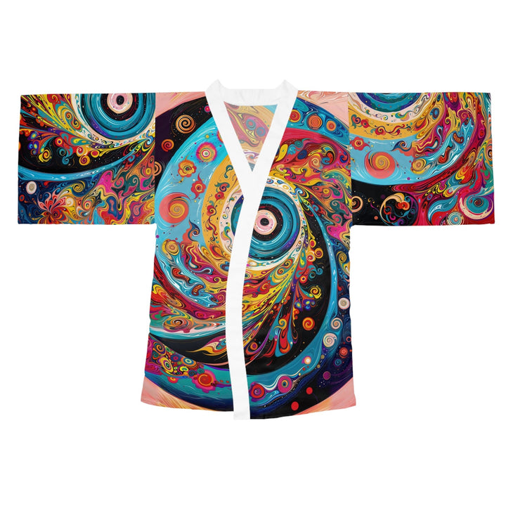 Vibrant Cosmic Swirl - Long Sleeve Kimono Robe - All Over Prints - g(0D·IO) - XS - White -