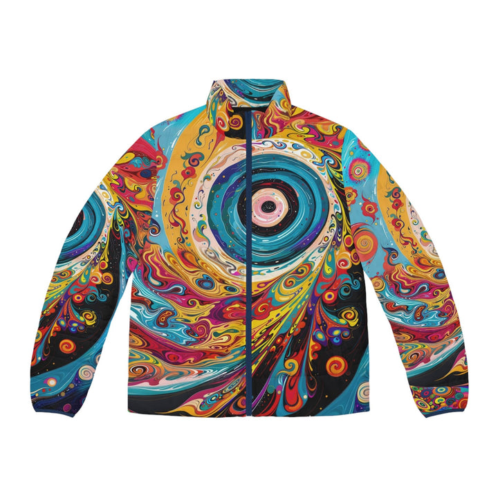 Vibrant Cosmic Swirl - Puffer Jacket - All Over Prints - g(0D·IO) - S - Dark blue zipper -