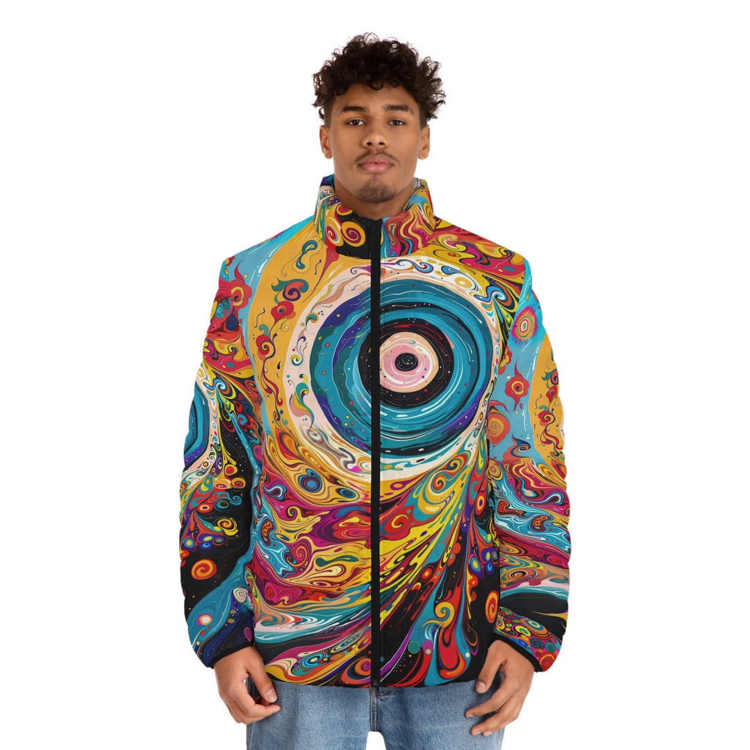 Vibrant Cosmic Swirl - Puffer Jacket - All Over Prints - g(0D·IO) - S - Black zipper -