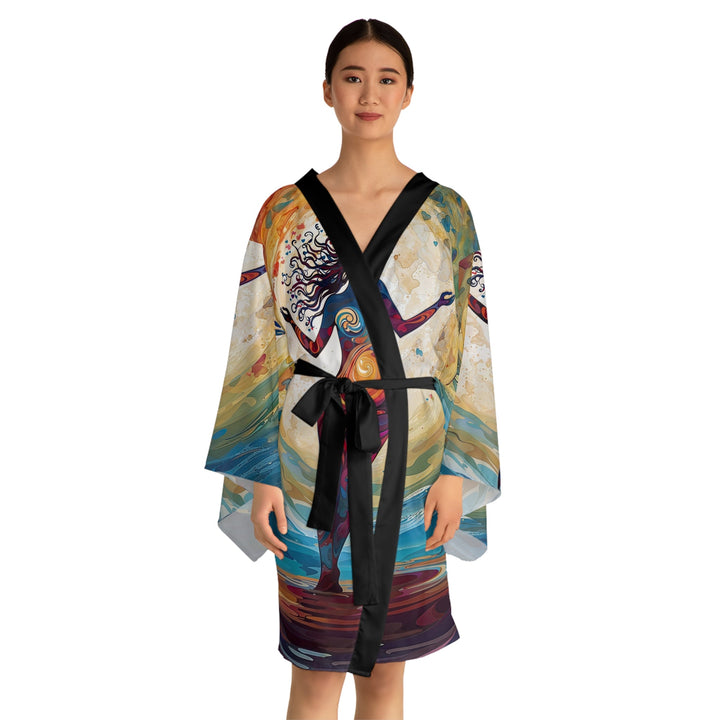 Vibrant Ethereal Dance - Long Sleeve Kimono Robe - All Over Prints - g(0D·IO) - XS - Black -