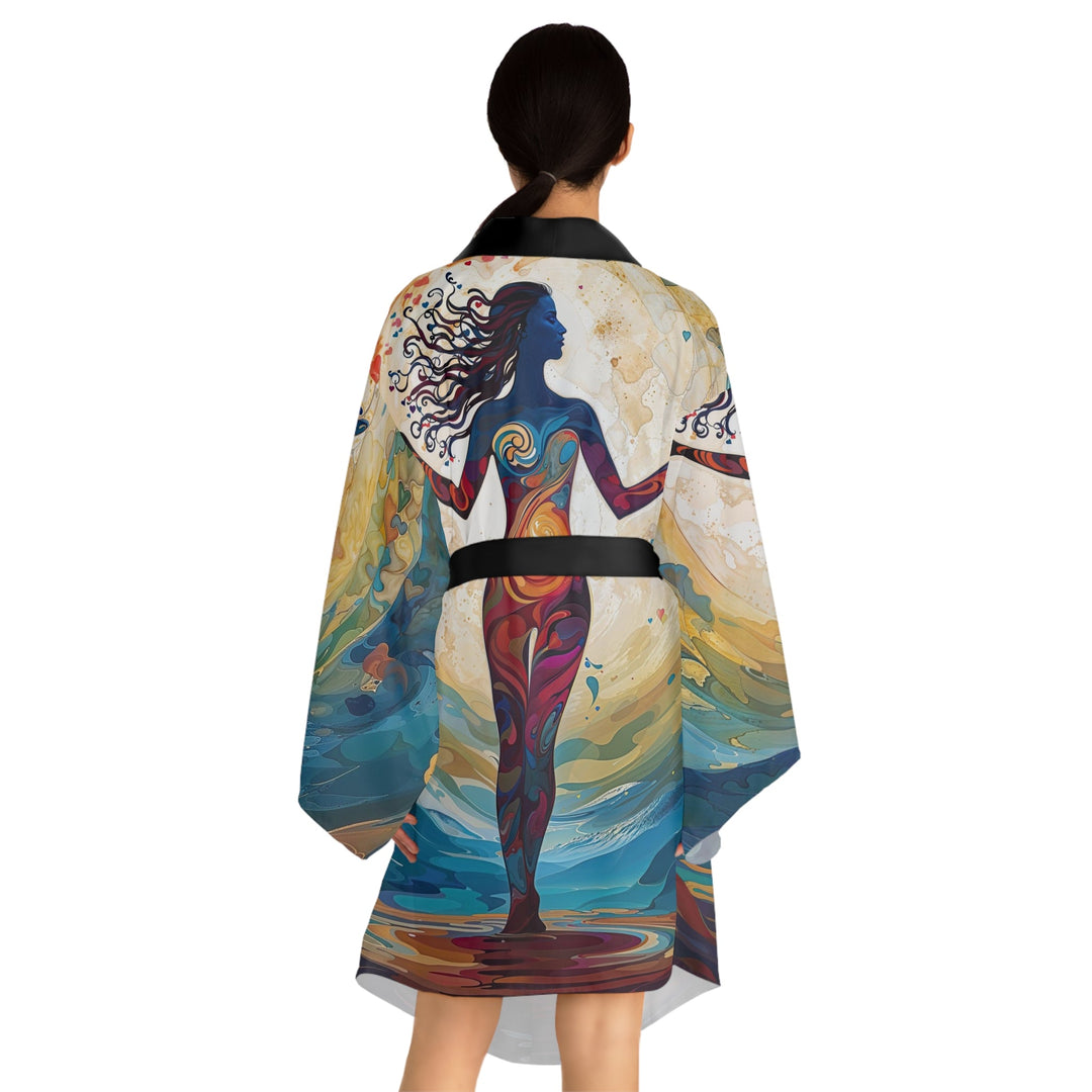 Vibrant Ethereal Dance - Long Sleeve Kimono Robe - All Over Prints - g(0D·IO) - XS - Black -