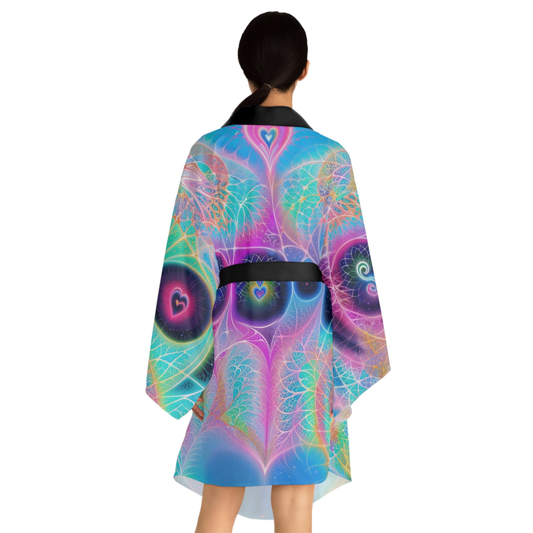 Vibrant Ethereal Hearts - Long Sleeve Kimono Robe - All Over Prints - g(0D·IO) - XS - Black -