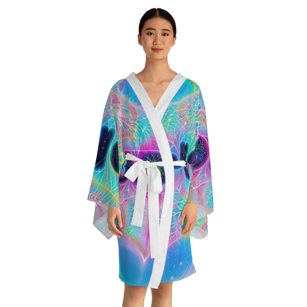 Vibrant Ethereal Hearts - Long Sleeve Kimono Robe - All Over Prints - g(0D·IO) - XS - Black -