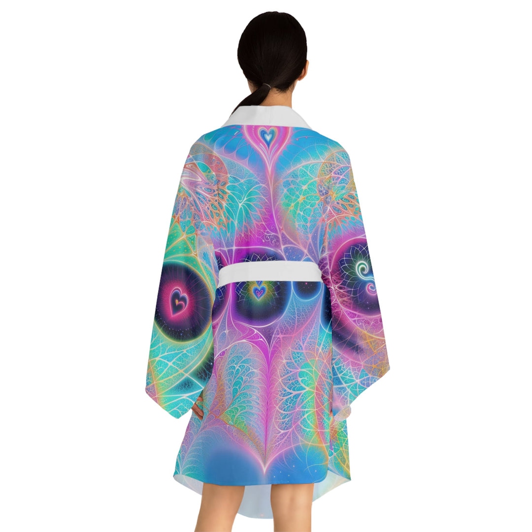 Vibrant Ethereal Hearts - Long Sleeve Kimono Robe - All Over Prints - g(0D·IO) - XS - Black -