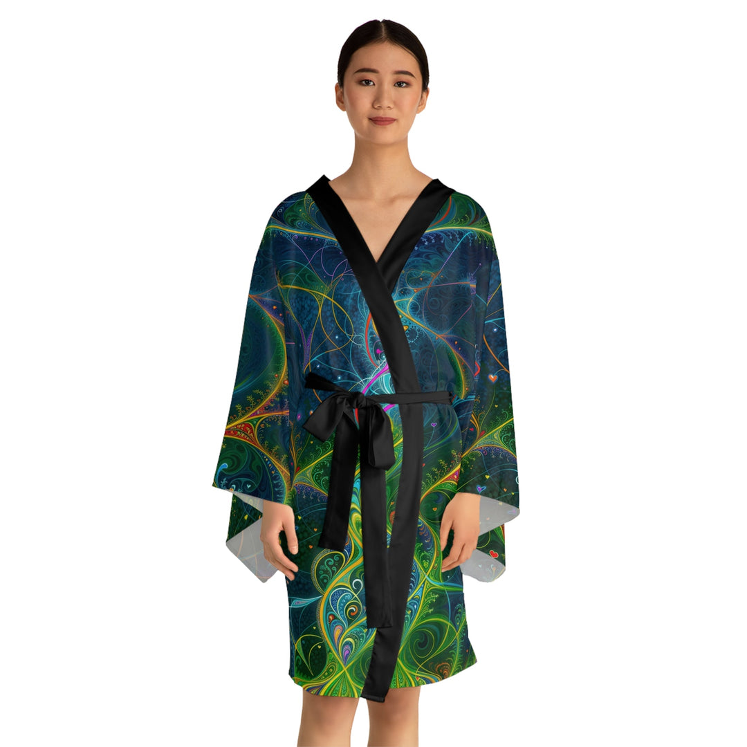 Vibrant Ethereal Swirls - Long Sleeve Kimono Robe - All Over Prints - g(0D·IO) - XS - Black -