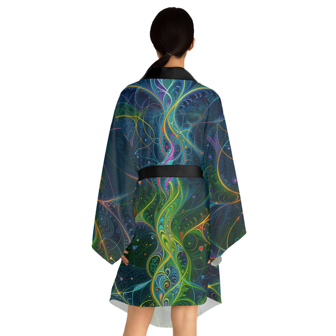 Vibrant Ethereal Swirls - Long Sleeve Kimono Robe - All Over Prints - g(0D·IO) - XS - Black -