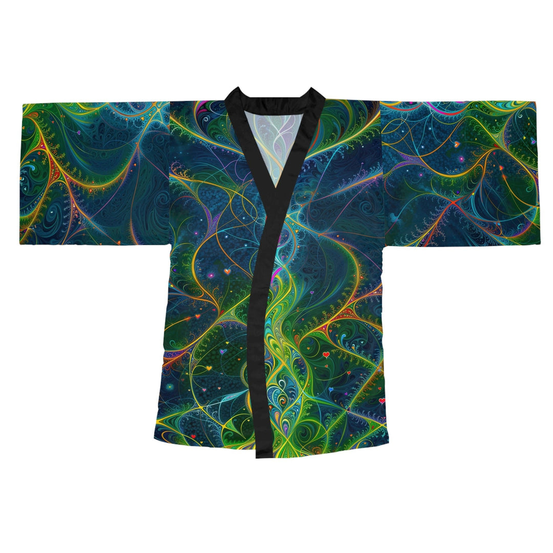 Vibrant Ethereal Swirls - Long Sleeve Kimono Robe - All Over Prints - g(0D·IO) - XS - Black -