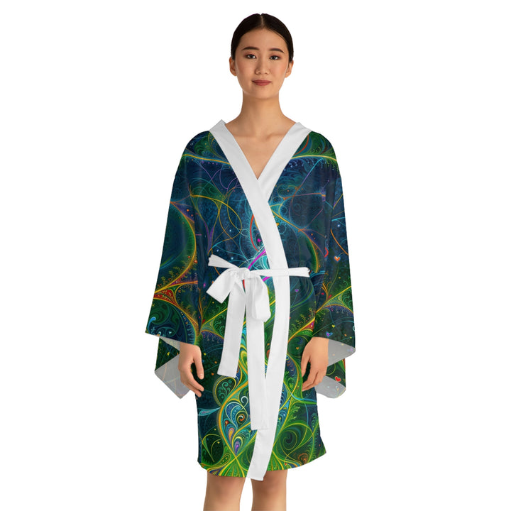 Vibrant Ethereal Swirls - Long Sleeve Kimono Robe - All Over Prints - g(0D·IO) - XS - Black -