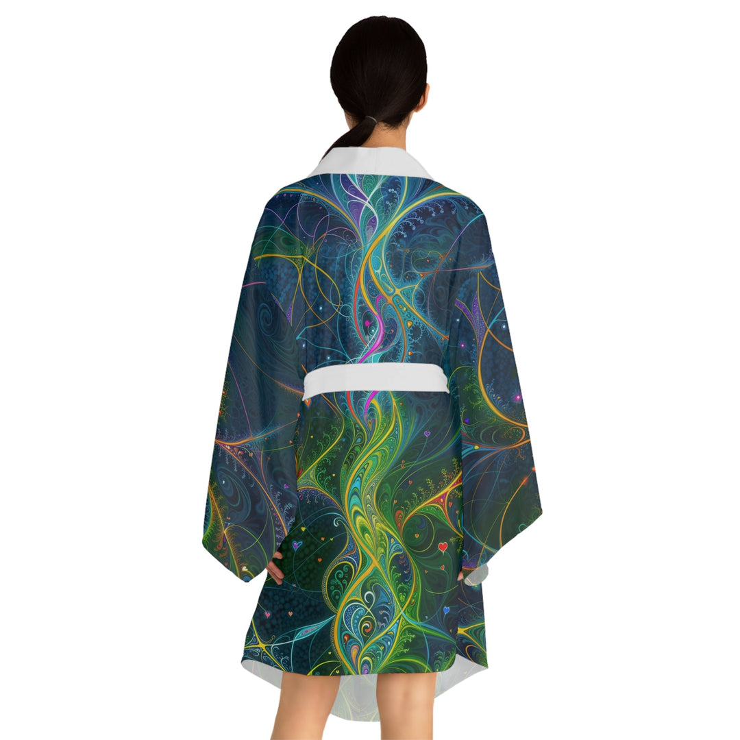 Vibrant Ethereal Swirls - Long Sleeve Kimono Robe - All Over Prints - g(0D·IO) - XS - Black -