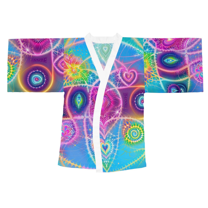 Vibrant Ethereal Symmetry - Long Sleeve Kimono Robe - All Over Prints - g(0D·IO) - XS - White -