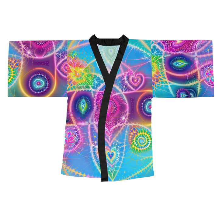 Vibrant Ethereal Symmetry - Long Sleeve Kimono Robe - All Over Prints - g(0D·IO) - XS - Black -