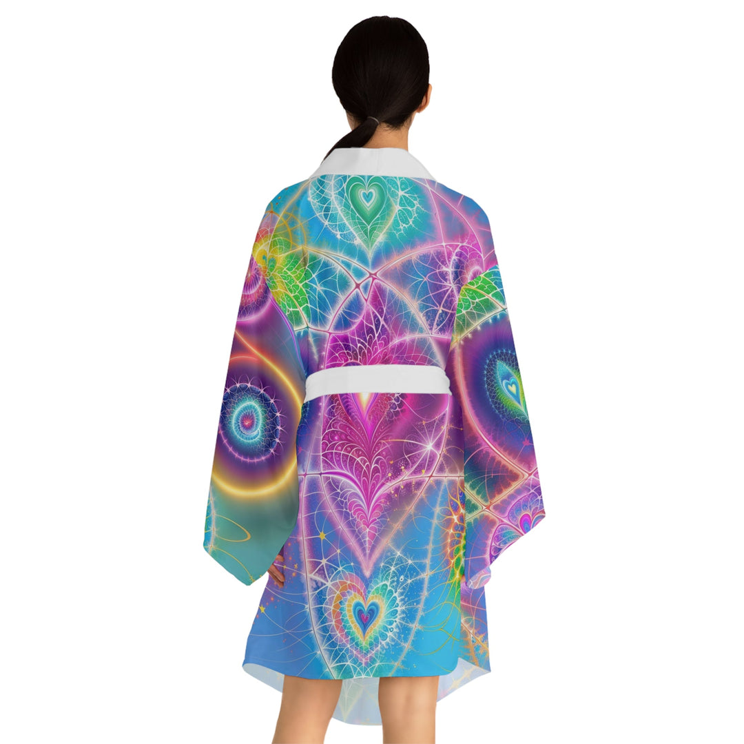 Vibrant Ethereal Symmetry - Long Sleeve Kimono Robe - All Over Prints - g(0D·IO) - XS - Black -