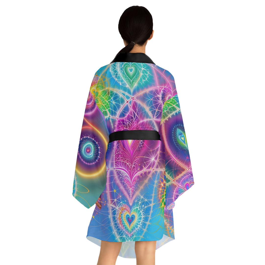 Vibrant Ethereal Symmetry - Long Sleeve Kimono Robe - All Over Prints - g(0D·IO) - XS - Black -