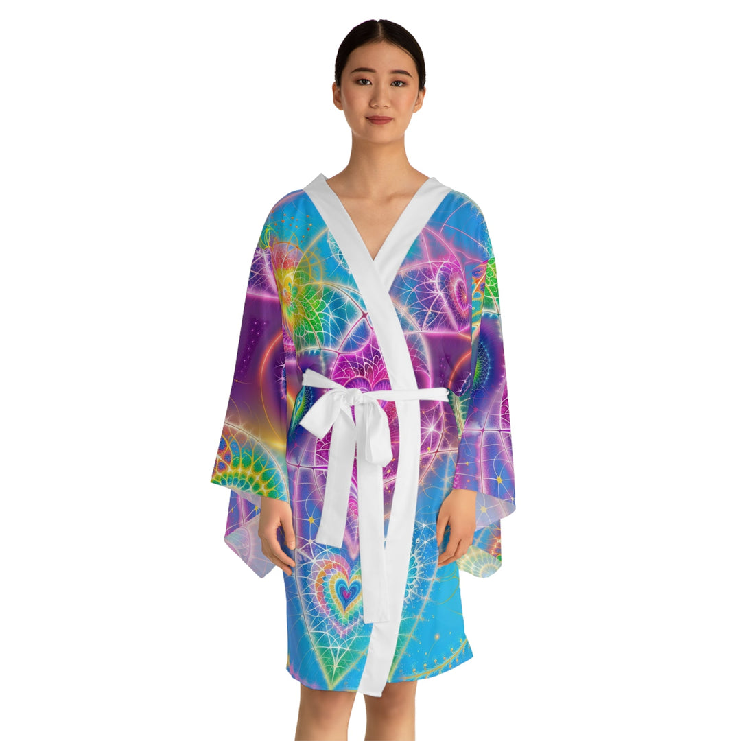 Vibrant Ethereal Symmetry - Long Sleeve Kimono Robe - All Over Prints - g(0D·IO) - XS - Black -