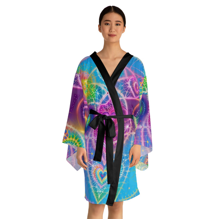 Vibrant Ethereal Symmetry - Long Sleeve Kimono Robe - All Over Prints - g(0D·IO) - XS - Black -