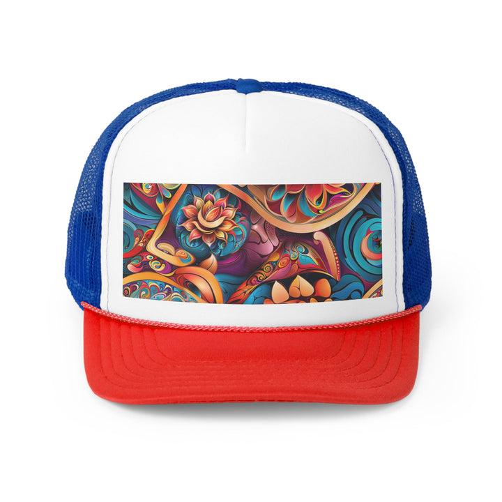 Vibrant Floral Essence - Trucker Hat - Hats - g(0D·IO) - Blue/Red - One size -