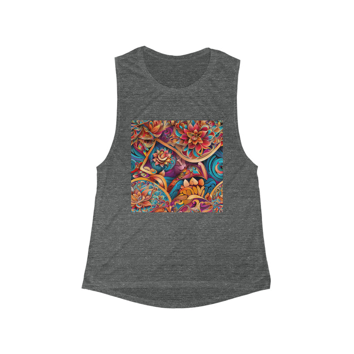 Vibrant Floral Essence - Women's Flowy Scoop Muscle Tank - Tank Top - g(0D·IO) - S - Asphalt Slub -