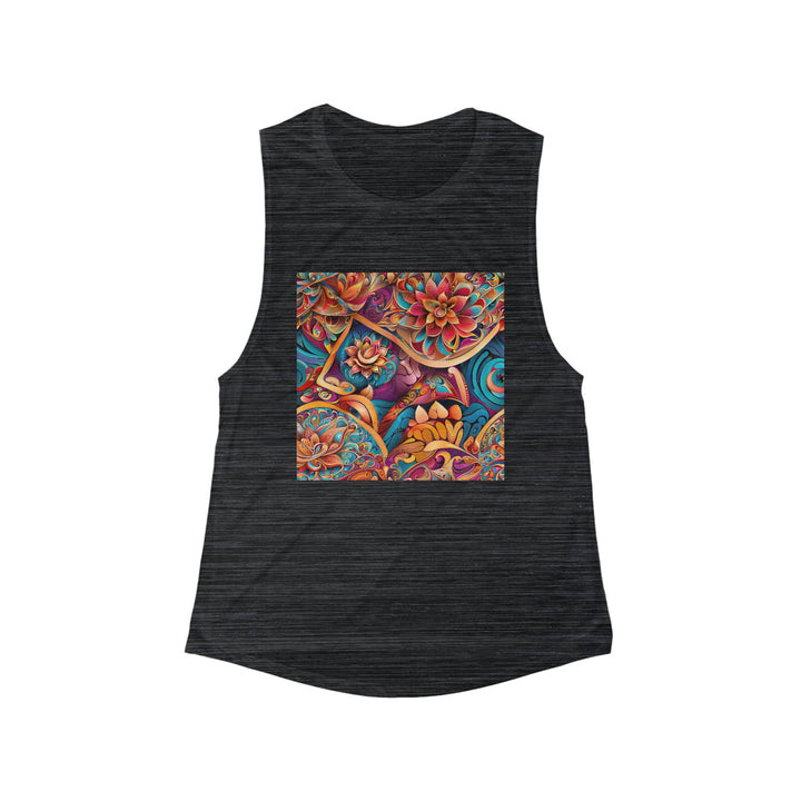 Vibrant Floral Essence - Women's Flowy Scoop Muscle Tank - Tank Top - g(0D·IO) - S - Black Slub -