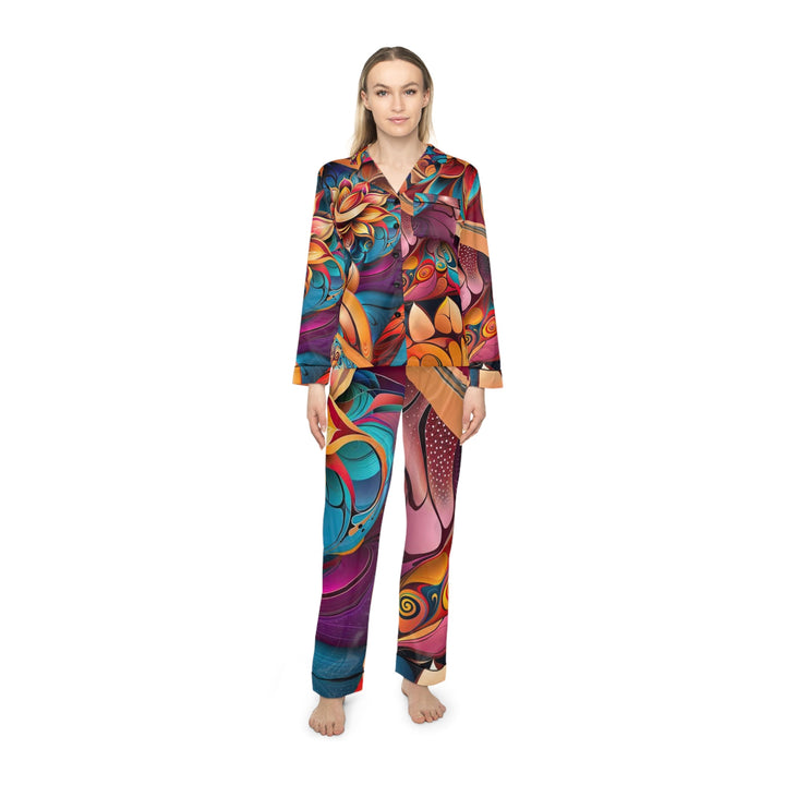 Vibrant Floral Essence - Women's Satin Pajamas - All Over Prints - g(0D·IO) - XS/S - Black -