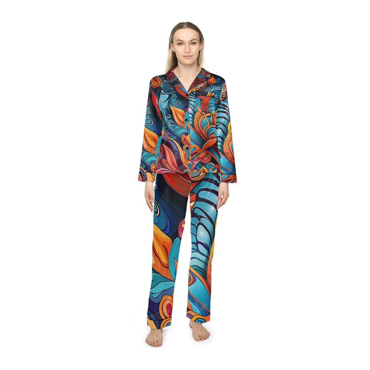 Vibrant Floral Whirls - Women's Satin Pajamas - All Over Prints - g(0D·IO) - XS/S - Black -