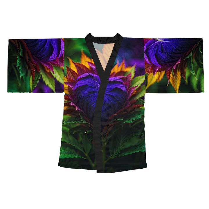 Vibrant Foliage Contrast - Long Sleeve Kimono Robe - All Over Prints - g(0D·IO) - XS - Black -