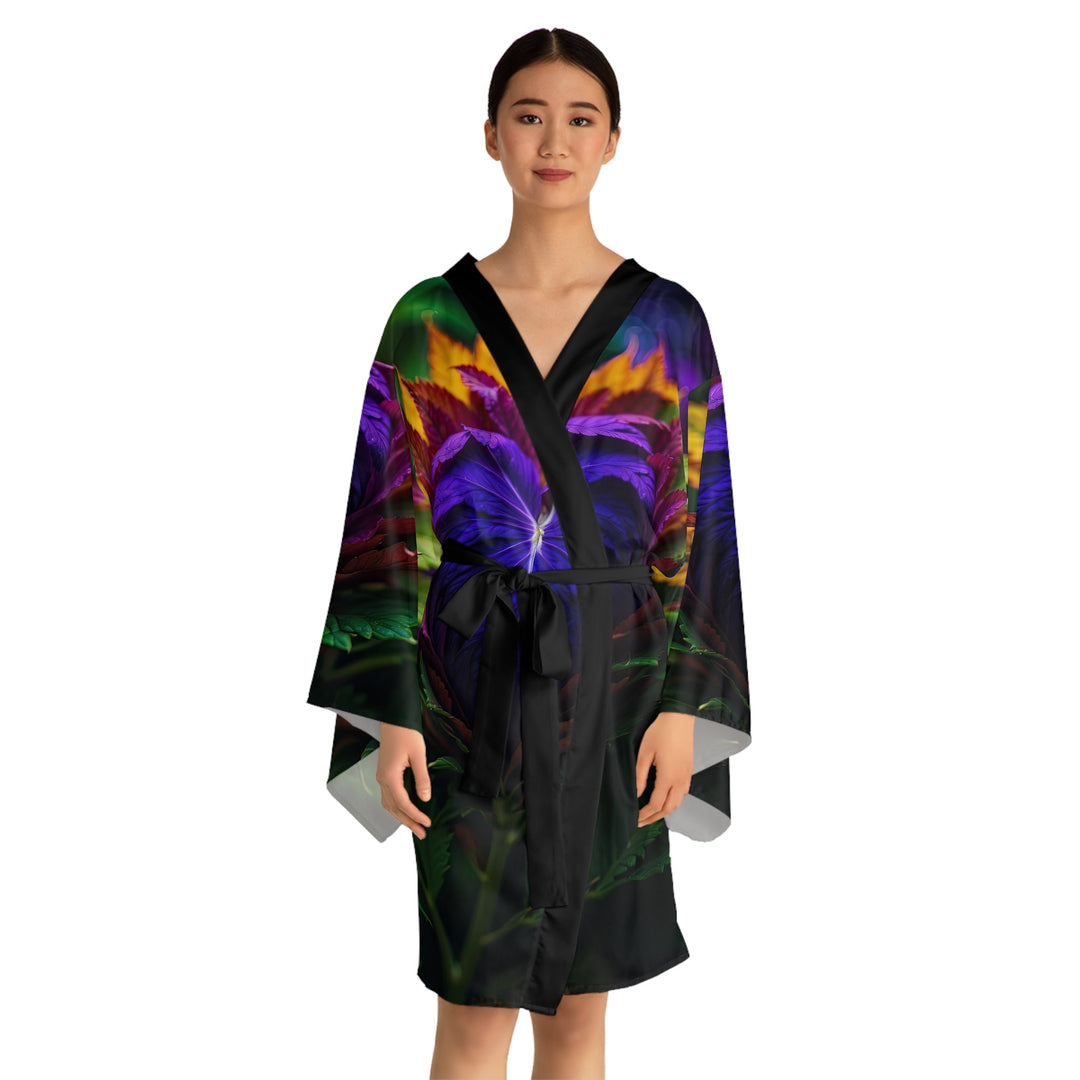 Vibrant Foliage Contrast - Long Sleeve Kimono Robe - All Over Prints - g(0D·IO) - XS - Black -