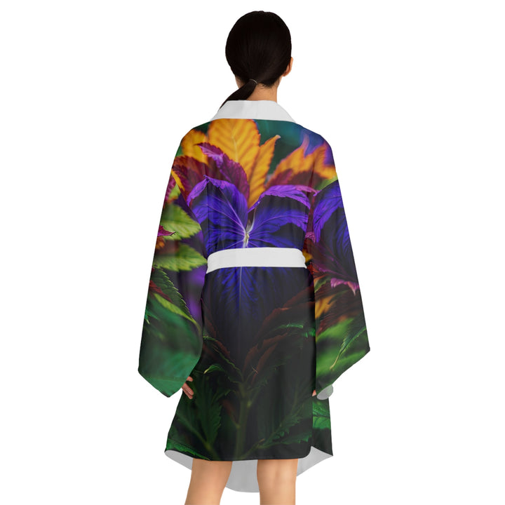 Vibrant Foliage Contrast - Long Sleeve Kimono Robe - All Over Prints - g(0D·IO) - XS - Black -