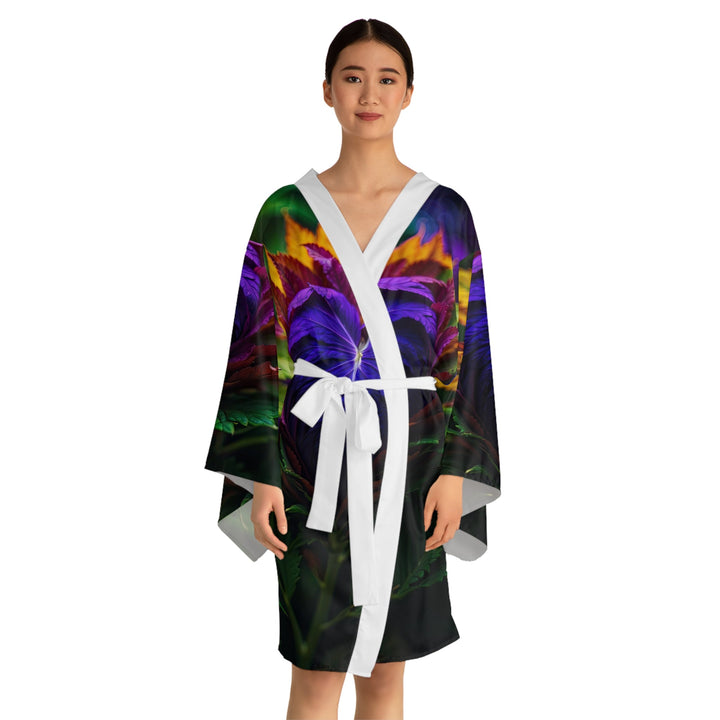 Vibrant Foliage Contrast - Long Sleeve Kimono Robe - All Over Prints - g(0D·IO) - XS - Black -