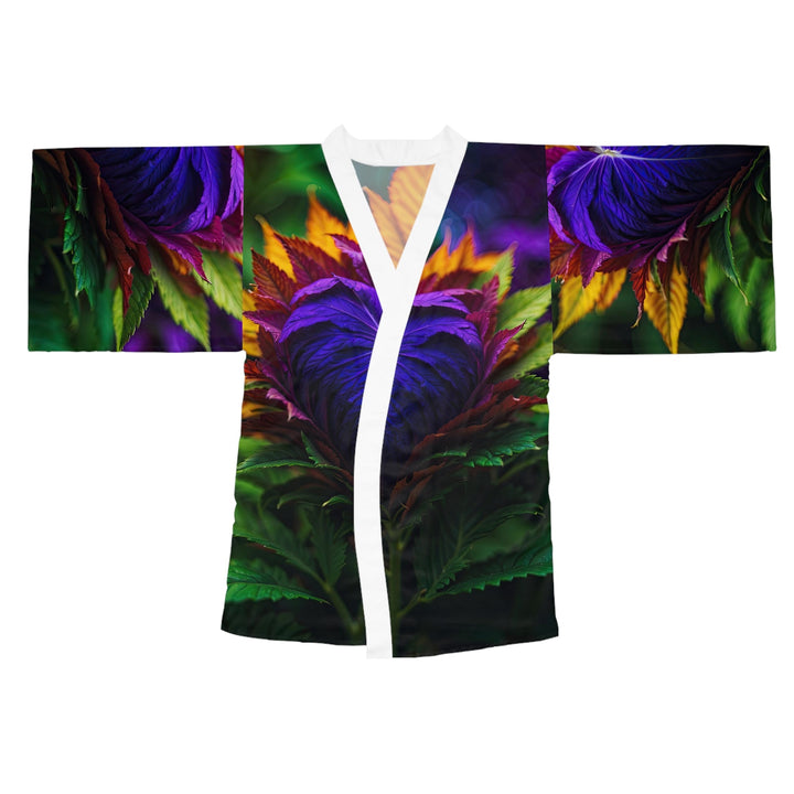 Vibrant Foliage Contrast - Long Sleeve Kimono Robe - All Over Prints - g(0D·IO) - XS - White -