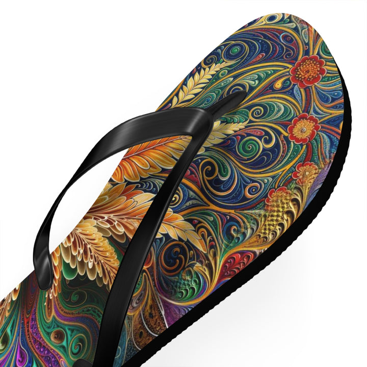 Vibrant Fractal Bloom - Flip Flops - Shoes - g(0D·IO) - XL - Black sole -