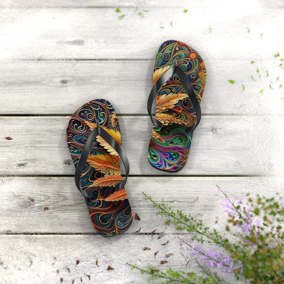 Vibrant Fractal Bloom - Flip Flops - Shoes - g(0D·IO) - XL - Black sole -