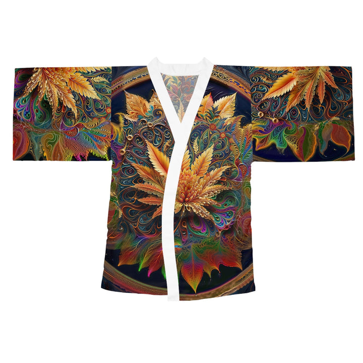 Vibrant Fractal Bloom - Long Sleeve Kimono Robe - All Over Prints - g(0D·IO) - XS - White -