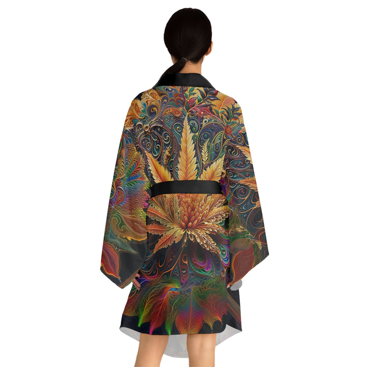 Vibrant Fractal Bloom - Long Sleeve Kimono Robe - All Over Prints - g(0D·IO) - XS - Black -