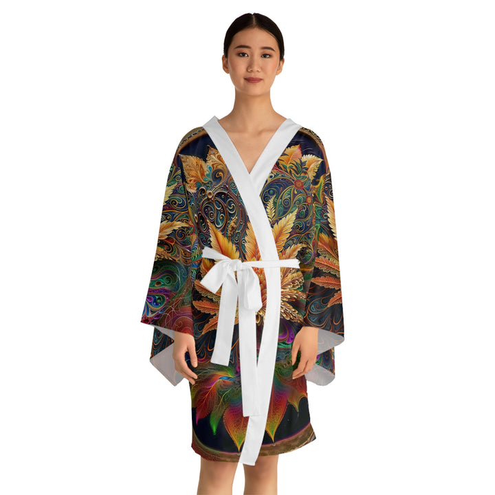 Vibrant Fractal Bloom - Long Sleeve Kimono Robe - All Over Prints - g(0D·IO) - XS - Black -