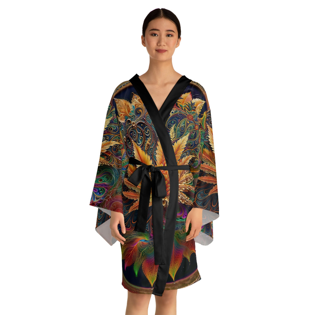 Vibrant Fractal Bloom - Long Sleeve Kimono Robe - All Over Prints - g(0D·IO) - XS - Black -