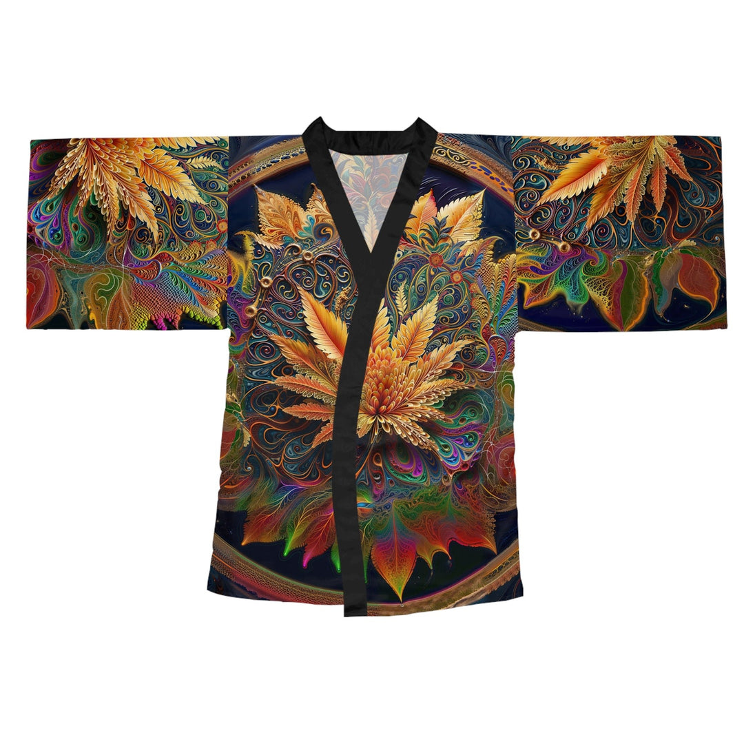 Vibrant Fractal Bloom - Long Sleeve Kimono Robe - All Over Prints - g(0D·IO) - XS - Black -