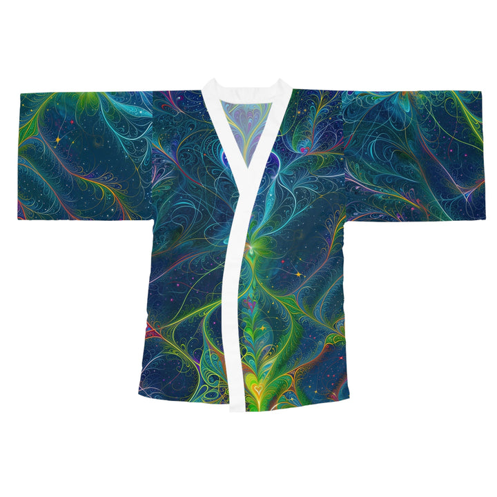 Vibrant Fractal Blossom - Long Sleeve Kimono Robe - All Over Prints - g(0D·IO) - XS - White -