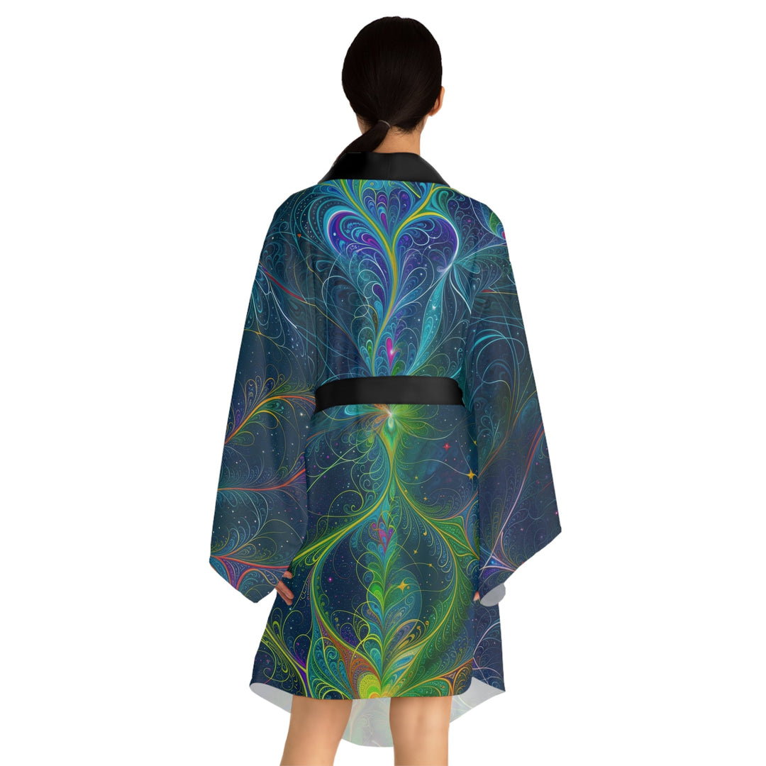 Vibrant Fractal Blossom - Long Sleeve Kimono Robe - All Over Prints - g(0D·IO) - XS - Black -