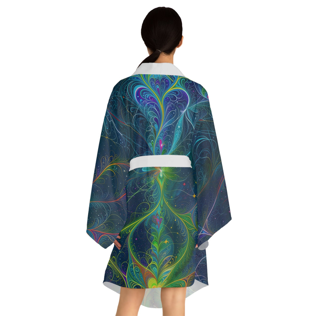 Vibrant Fractal Blossom - Long Sleeve Kimono Robe - All Over Prints - g(0D·IO) - XS - Black -